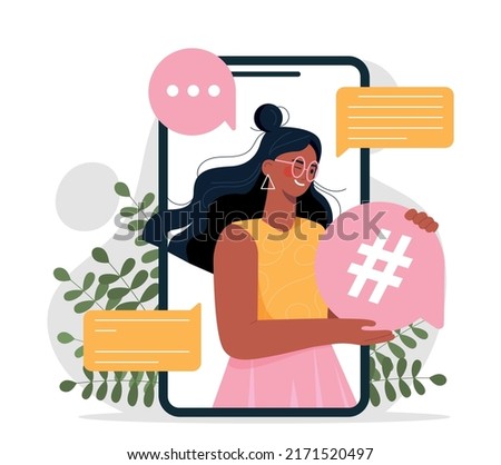 Social media mention. Woman in smartphone holds hashtag. Modern technologies, online marketing and promotion on Internet. Popular girl, famous blogger concept. Cartoon flat vector illustration