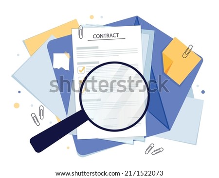 File searching concept. Magnifying glass lies on documents. Metaphor of paperwork, searching for information and collecting statistics. Lawyers study contract. Cartoon flat vector illustration