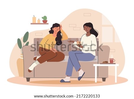 Women drinking coffee at home. Girlfriends with hot drinks sit on couch and discuss news, rumors and gossip. Comfort and coziness in apartment, conversation. Cartoon flat vector illustration
