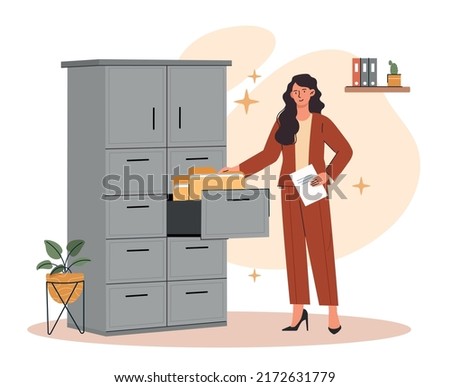 Personal files concept. Woman puts documents in archive. Information protection, safety of personal data. Employee in office, person in red suit with folders. Cartoon flat vector illustration