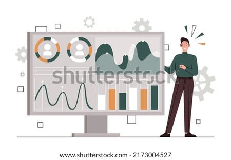 Site stats concept. Man stands next to graphs and charts, analytical department collects information. Character conducts marketing research, SEO or SMM specialist. Cartoon flat vector illustration