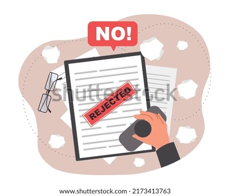 Rejected document concept. Hand with stamp puts mark on paper, bureaucracy and problems with legislation. Character denied visa, employer does not hire, refusal. Cartoon flat vector illustration