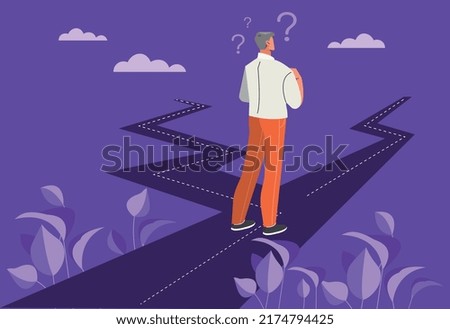 Businessman with two roads. Man evaluates both options. Guy looking for ways to develop company, plans and make strategy. Leadership, goal setting and future vision. Cartoon flat vector illustration