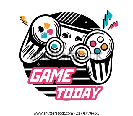 Joystick with text. Minimalistic black gamepad in retro style. Advertising poster or banner for website, logotype for company. Entertainment and computer games. Cartoon flat vector illustration
