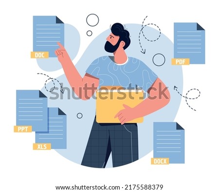Man with text files. Guy looking for files in electronic archive. Employee of analytical department collects information on Internet. Working with statistics. Cartoon flat vector illustration