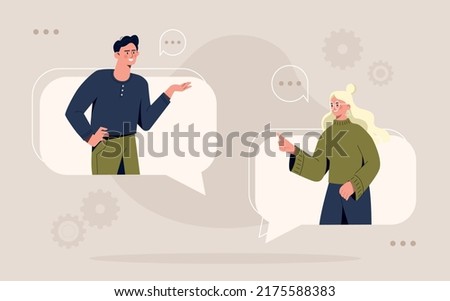 Man and woman communicate on Internet. Video call or conference, interaction of friends. Online dating app, girl and guy on social media. Dialogue in messenger. Cartoon flat vector illustration