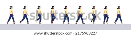 Walk cycle sequence concept. Young woman in stylish clothes walks forward. Side view. Position of body parts during movement. Design for creating animation. Cartoon modern flat vector illustration