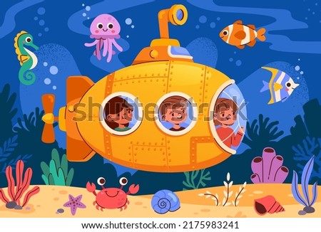 Submarine Under Sea concept. Small inquisitive children on bathyscaphe explore underwater world, flora and fauna. Smiling boys and girls look at fish and algae, Cartoon flat vector illustration.