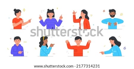 Set of people pointing their fingers. Young men and women show something with palms from above, below, side, in front, to right or to left. Cartoon flat vector collection isolated on white background