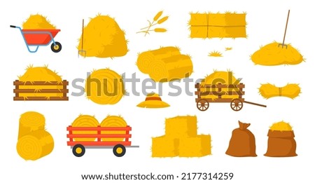 Set of bale of hay icons. Stickers with dry straw, hayloft, roll pile, wooden or metal wheelbarrow and pitchfork. Farming and agriculture. Cartoon flat vector collection isolated on white background