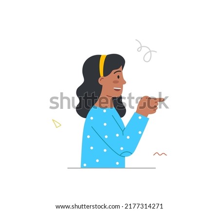 Person pointing their fingers. Smiling woman stand in profile and points with hand something in front or right. Palm gestures for attracting attention. Cartoon flat vector illustration in doodle style