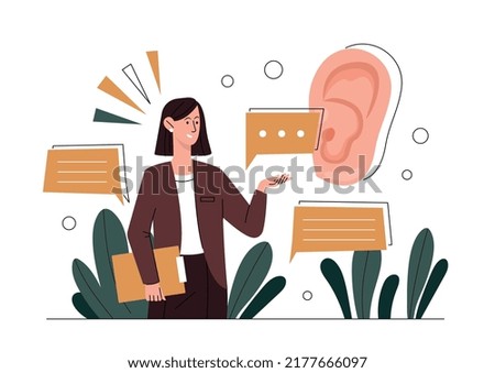 Active listening concept. Attentive character, correct manners, etiquette and courtesy. Young girl next to big ear. Conversation, communication, collaboration. Cartoon flat vector illustration