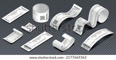 Isometric cash receipt. Collection of checks from terminal in store, bundle of elements for calculating income and expenses. Realistic vector illustrations isolated on transparent background Foto stock © 