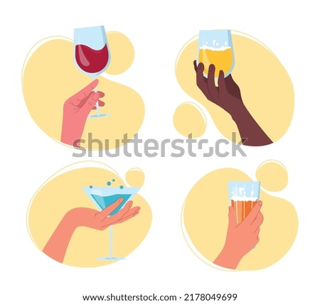 Four toast cheers drinks. Collection of alcoholic drinks, smaelier compares taste of juice or soda. Hands hold glasses with colorful liquid. Bar or restaurant menu. Cartoon flat vector illustration