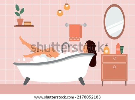 Woman takes bath. Young girl in bathroom relaxes in hot water with foam. Cosmetic SPA procedures, beauty and hygiene. Routine and daily activities, happy person. Cartoon flat vector illustration