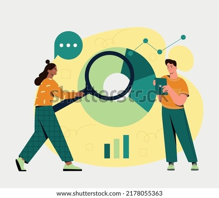 Statistical analysis concept. Man and girl with magnifying glass look at graphs and charts. Work with statistics and marketing research, analytical department. Cartoon flat vector illustration