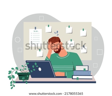 Overwhelmed man at laptop. Emotional burnout, panic and stress. Employee cant cope with pressure, overworked worker at workplace. Depression and frustration. Cartoon flat vector illustration