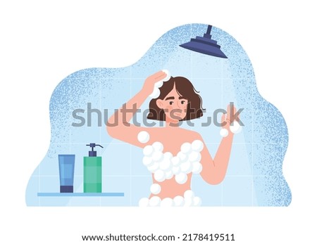 Woman Washing at bath. Young girl in foam takes shower. Beauty and hygiene procedures, routine and daily activities. Character in bathroom with gel, soap and shampoo. Cartoon flat vector illustration