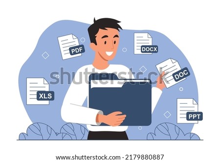 Various file formats. Smiling guy puts electronic doc sheet into folder. Use of text editors and digital documents in modern world. Design element for web page. Cartoon flat vector illustration