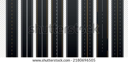 Set of road markings. Vertical asphalt highways with dotted or solid lines. View from above. Copy space. Streets of modern city. Realistic 3D vector collection isolated on transparent background ストックフォト © 