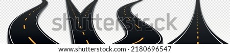 Winding and fork highway set. Collection of trails on copy space. Traffic, car, vehicle and transport space. Travel and trip. Realistic 3D vector illustrations isolated on transparent background