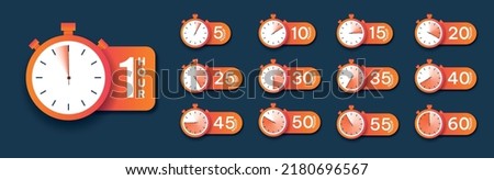 Countdown Timer icons set. Clock with different hours and minutes. Deadline, timer or stopwatch. Design elements for GUI applications. Cartoon 3D vector collection isolated on blue background