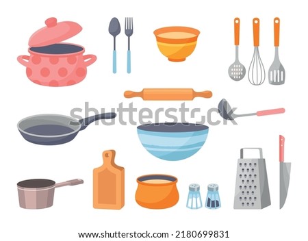 Set of Kitchen tools. Crockery and kitchen utensils for cooking. Stickers or icons set with saucepan, pan, knife, rolling pin, plate and spoons. Cartoon flat vector illustration in doodle style