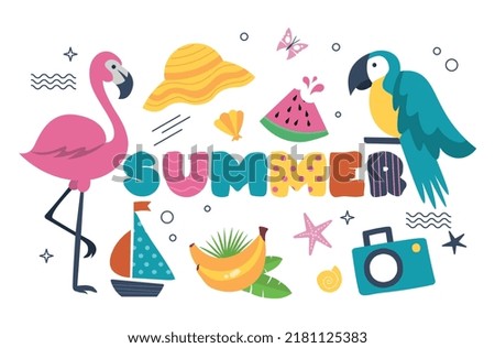 Summer minimalist set. Collection of symbols of summertime, hot weather and tropical countries. Flamengo, parrot, fruits and clothes. Cartoon flat vector illustrations isolated on white background