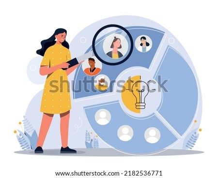 Audience segmentation concept. Woman with magnifying glass evaluates graphs and charts. Working with statistics and marketing research. Company defines customers. Cartoon flat vector illustration