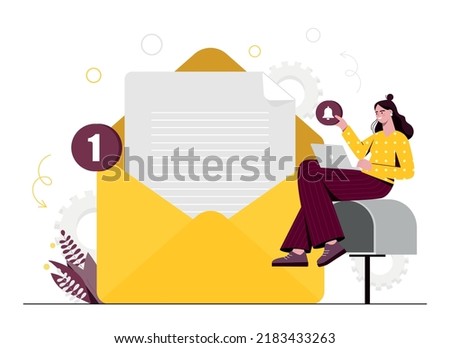New message concept. Woman sits next to envelope, worker conducts business correspondence, clears e mail. Notification and reminder. Communication in social networks. Cartoon flat vector illustration