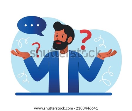 Person shrugging concept. Man does not know answer to question, young guy spreads his arms to sides. Thoughtful and puzzled character. Gestures and emotions. Cartoon flat vector illustration
