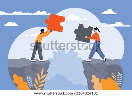 Couple relationship concept. Man and woman building bridge from puzzles, young couple and family. Romance and love, partnership. Trust and teamwork metaphor. Cartoon flat vector illustration