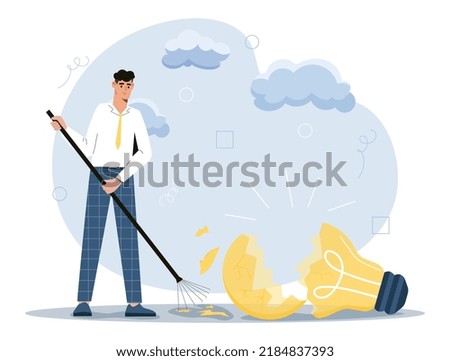 Broken light bulb. Man collects pieces of bad idea, failure and difficulties. Wrong planning, unsuccessful entrepreneur or businessman. Financial crisis, economy. Cartoon flat vector illustration