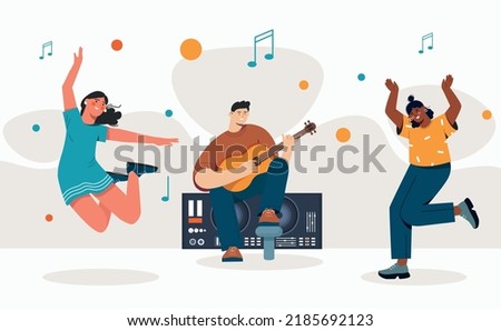 Friends dancing indoor. Man sits on column and plays guitar, his girlfriends dance. Poster or banner for website. Entertainment and event, festival and holiday. Cartoon flat vector illustration