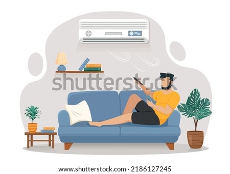 Man relaxing at home. Young guy on couch with remote control turns off air conditioner. Comfort and convenience. Weekends and lazy person, hot weather at summer. Cartoon flat vector illustration