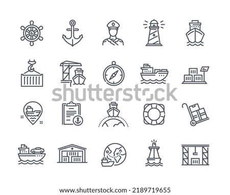 Seaport line icon set. Yacht, steering wheel, captain, lighthouse and compass. Global logistics and cargo delivery. Shipping industry. Cartoon flat vector collection isolated on white background