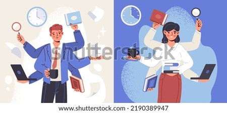 Multitasking and time management concept. Busy man and woman with several hands holding business documents, laptop and folders. Overloaded tired employees do paperwork. Cartoon flat vector