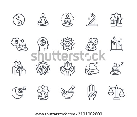 Set of Meditation Related Line Icons. Psychological balance, mental health, yoga and lotus pose. Design elements for apps. Editable Stroke. Cartoon flat vector collection isolated on white