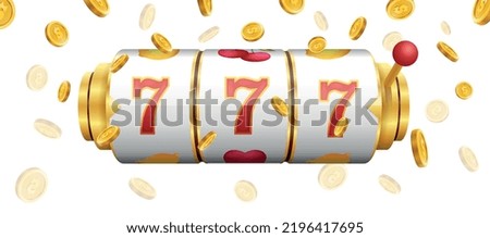 Slot machine with money. Poster or banner for online casino website, gambling. Coins falling from sky, wheel of fortune. Three sevens, reward, award and victory. Realistic 3D vector illustration