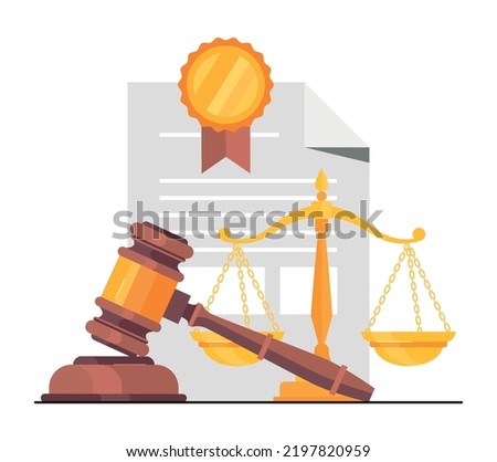 Legal statement concept. Judges gavel next to document with seal and scales. Legislation and jurisprudence. Legal protection of transactions, deals and agreements. Cartoon flat vector illustration