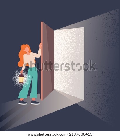 New life concept. Young girl opens door to unknown, cardinal changes in work and personal life. Beam of light on character. Mental health improvement metaphor. Cartoon flat vector illustration