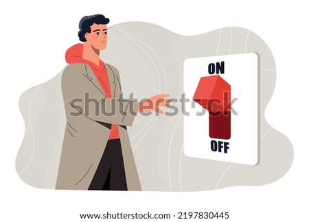 Man turns off switch. Poster or banner for website, reminder, save electrical energy and turn off light. Metaphor for change. Electricity, power and energy concept. Cartoon flat vector illustration