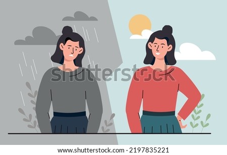 Happy and depressed. Comparison of two women, one against backdrop of sunny day, other next to rain and bad weather. Positive and negative, optimism and pessimism. Cartoon flat vector illustration