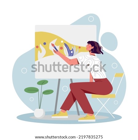 World art day. Poster or banner for international holidays, greeting card design. Young girl draws picture with paints, artist at work. Creative personality, hobby. Cartoon flat vector illustration