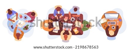 Work or education process concept. Set of teams, colleagues or students sitting around table discussing project or doing educational tasks. Cartoon flat vector collection isolated on white background