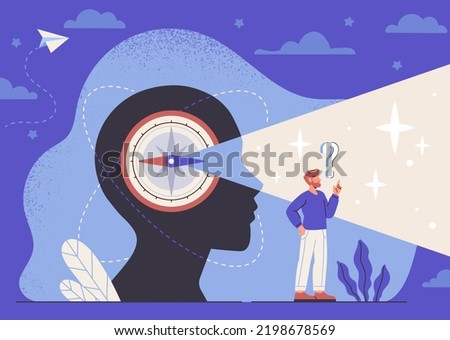 Intuition or future vision concept. Male entrepreneur trusts inner feelings and sensations and makes decisions unconsciously. Self knowledge for business. Cartoon modern flat vector illustration
