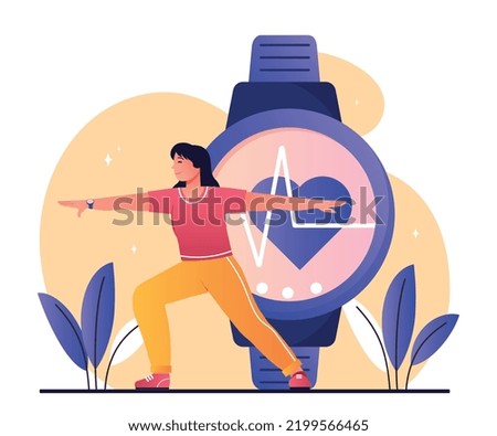 Fitness tracker concept. Girl goes in for sports on background of smart watch. Modern technologies, digital world, gadgets and devices for athletes and sportsmans. Cartoon flat vector illustration