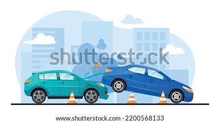 Car crash on road. Accident and tragedy. Broken and smoking vehicles. Violation of rules of conduct on road. Poster or banner for website. Keep safe distance. Cartoon flat vector illustration