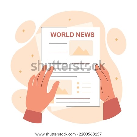 World news concept. Character holding newspaper in his hands. Information and knowledge, mass media. Hobby and leisure, reading. Paper media tabloid, gazette. Cartoon flat vector illustration