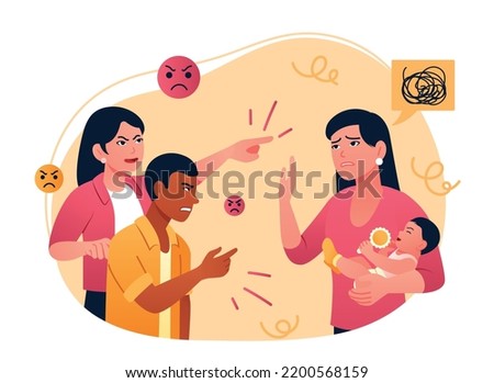 Social pressure concept. Man and woman yell at young mother with children. Conflicts, quarrels and scandals. Insults, criticism and bullying on social network. Cartoon flat vector illustration